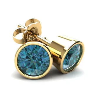 1.25Ct Round Brilliant Cut Heat Treated Blue Diamond Stud Earrings in 14K Gold Round Bezel Setting