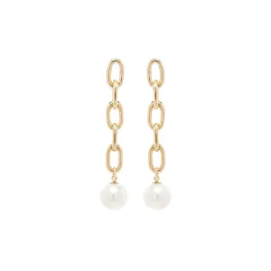 14k Extra Large Oval Link Chain Pearl Drop Earrings