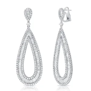 14k White Gold Baguette & Round Brilliant Cut Diamond Earrings