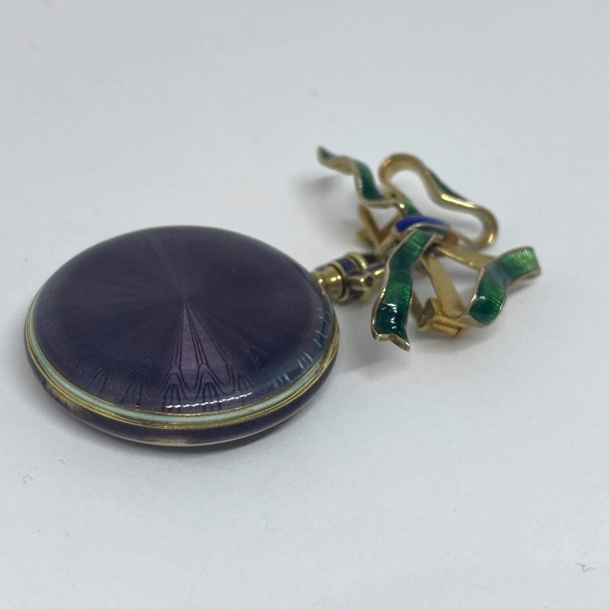 14KY Waltham Purple & Green Enamel Bow Watch Brooch 29mm