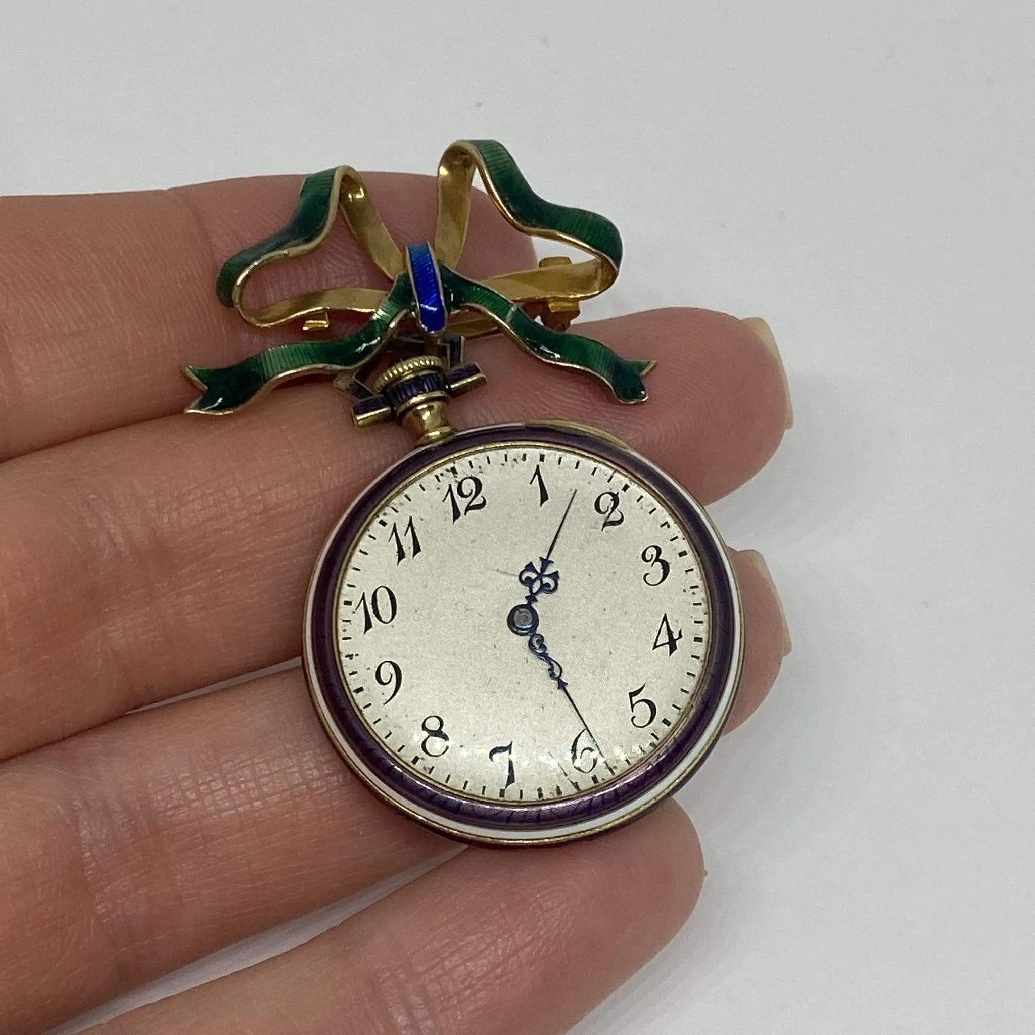 14KY Waltham Purple & Green Enamel Bow Watch Brooch 29mm