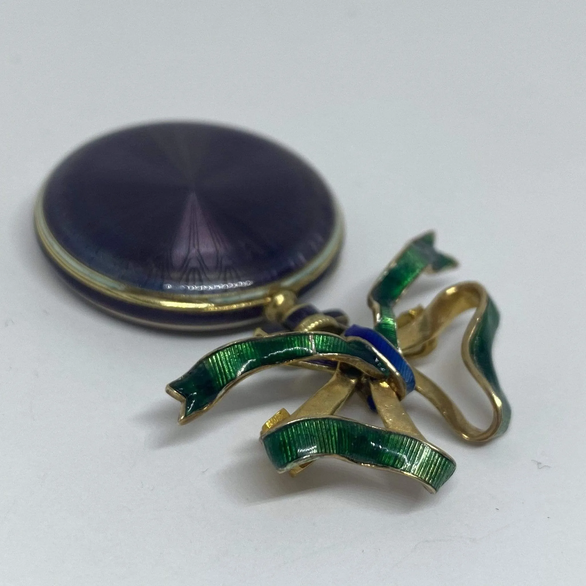 14KY Waltham Purple & Green Enamel Bow Watch Brooch 29mm