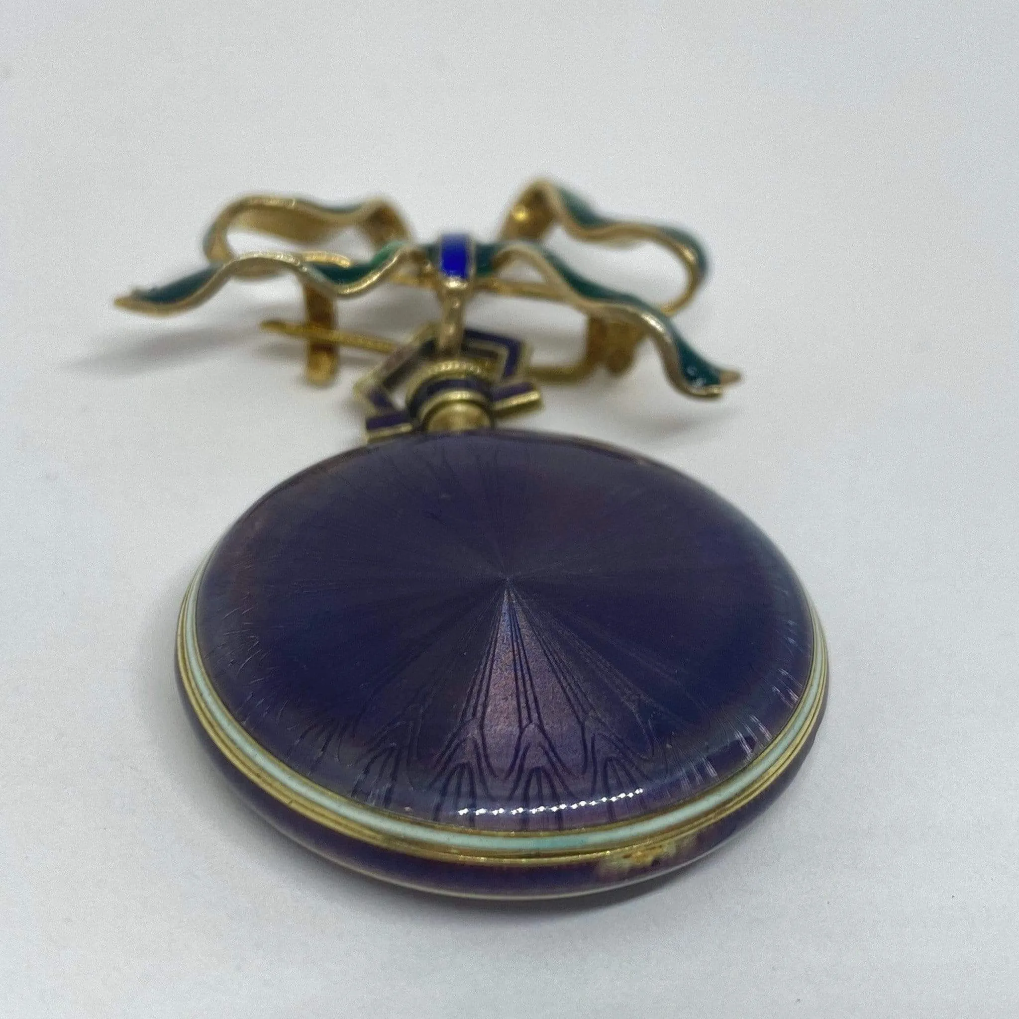 14KY Waltham Purple & Green Enamel Bow Watch Brooch 29mm