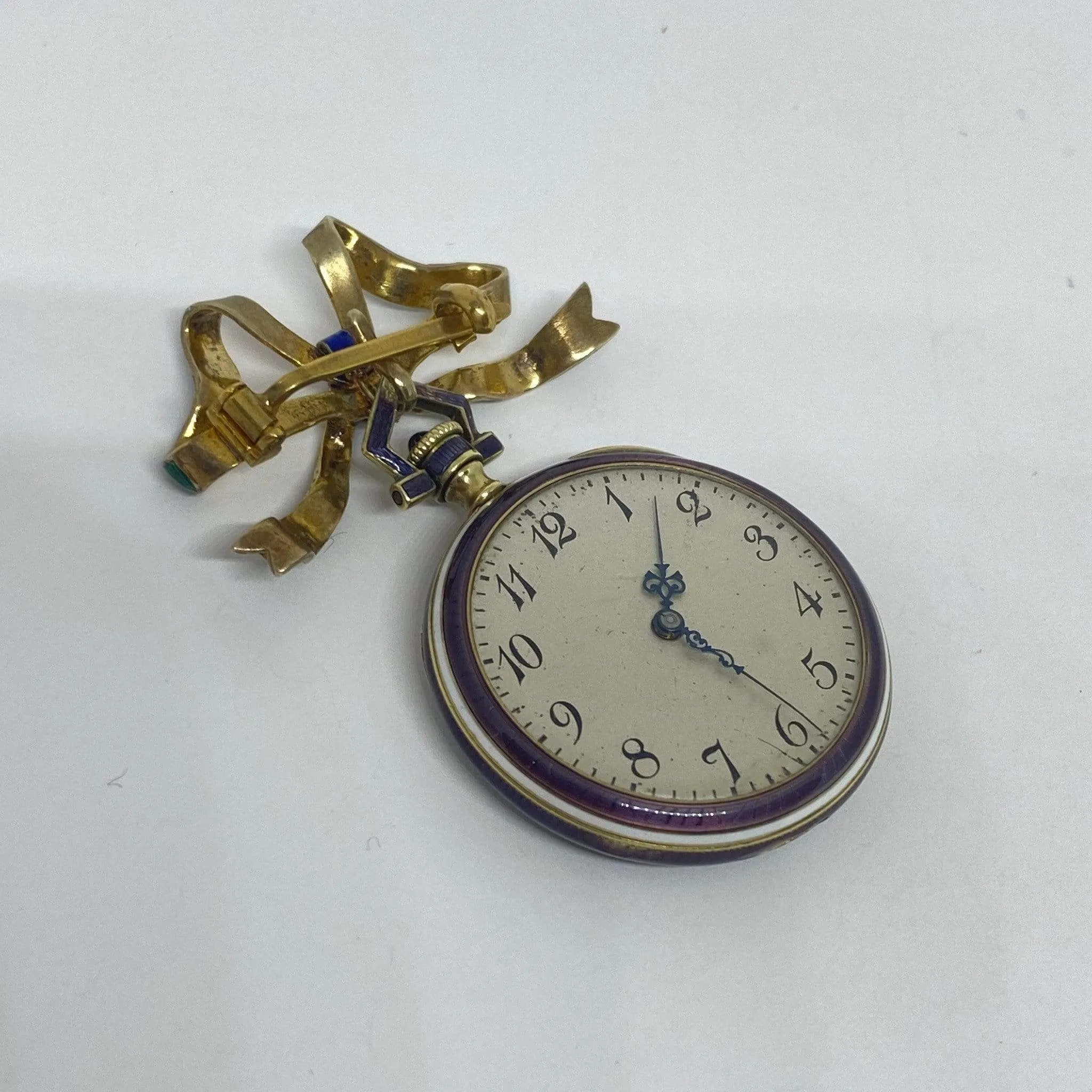 14KY Waltham Purple & Green Enamel Bow Watch Brooch 29mm