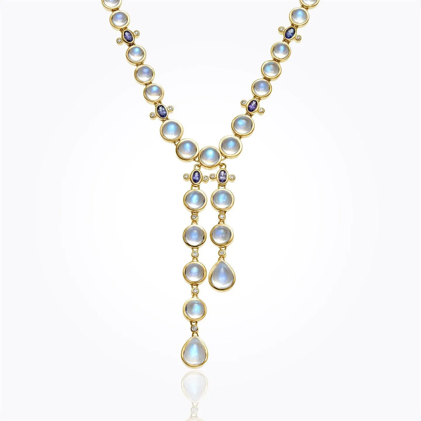 18K Lariat Necklace with Royal Blue Moonstone, tanzanite and diamond