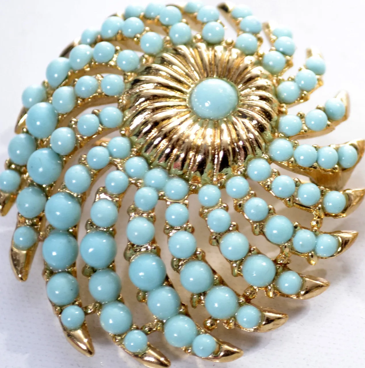 2 Crown Trifari Faux Turquoise and White Vintage 1950's Brooches