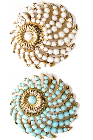 2 Crown Trifari Faux Turquoise and White Vintage 1950's Brooches