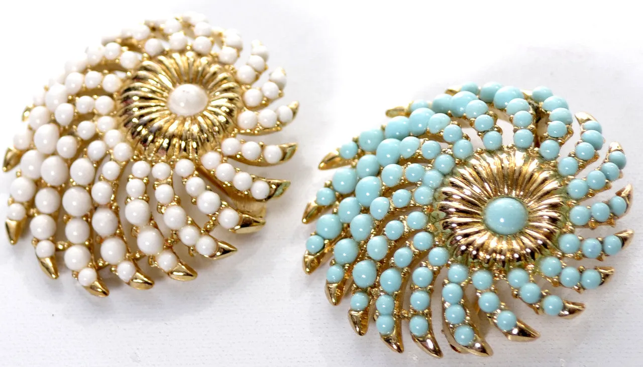 2 Crown Trifari Faux Turquoise and White Vintage 1950's Brooches