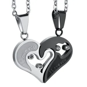 2pcs Heart-shape "I Love You" Stainless Steel Couple Lovers Half Heart Pendant Necklace Puzzle pendant necklace(One Pair)