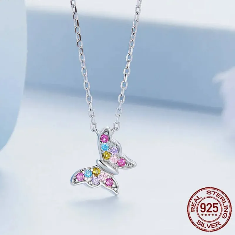 925 Sterling Silver Colorful Butterfly Necklace for Women Rainbow Gemstone Butterfly Link Chain Party Gift Jewelry