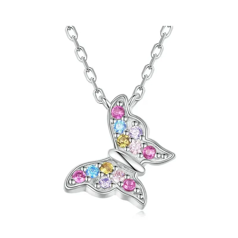 925 Sterling Silver Colorful Butterfly Necklace for Women Rainbow Gemstone Butterfly Link Chain Party Gift Jewelry