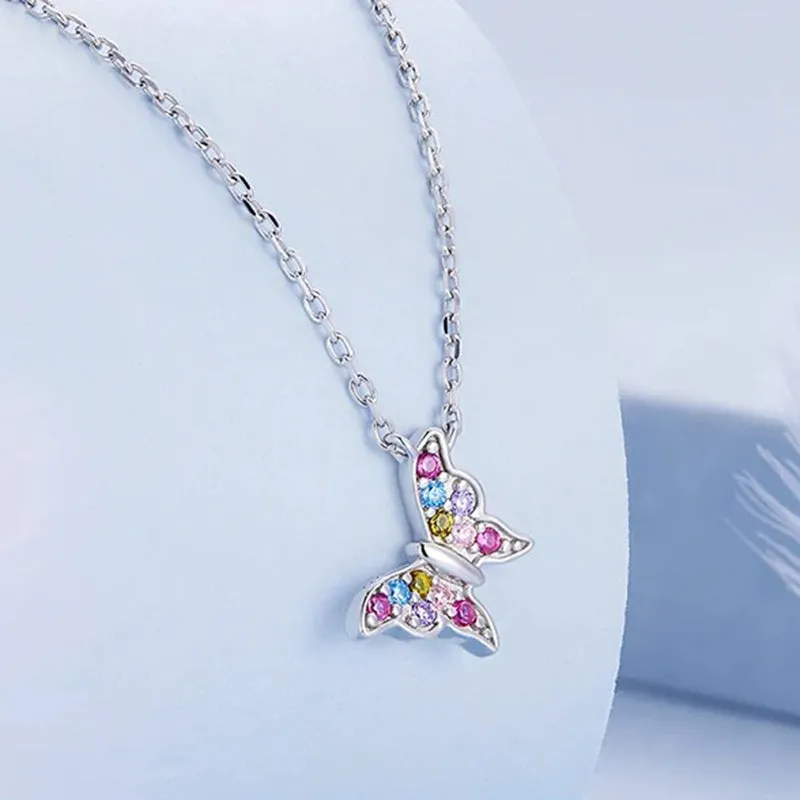 925 Sterling Silver Colorful Butterfly Necklace for Women Rainbow Gemstone Butterfly Link Chain Party Gift Jewelry