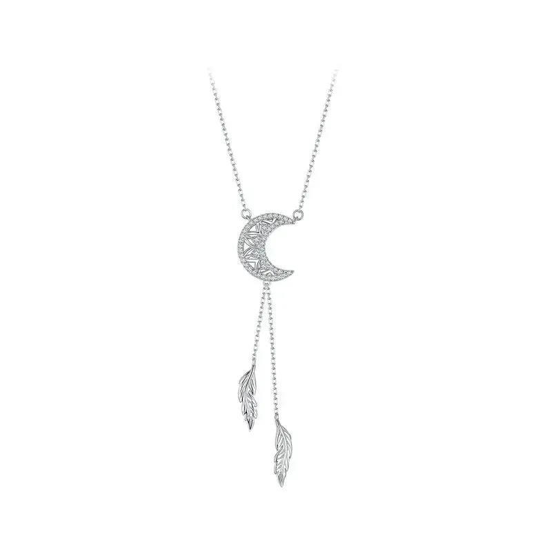 925 Sterling Silver Moon Dreamcatcher Pendant Necklace Feather Necklace for Women Fine Jewelry