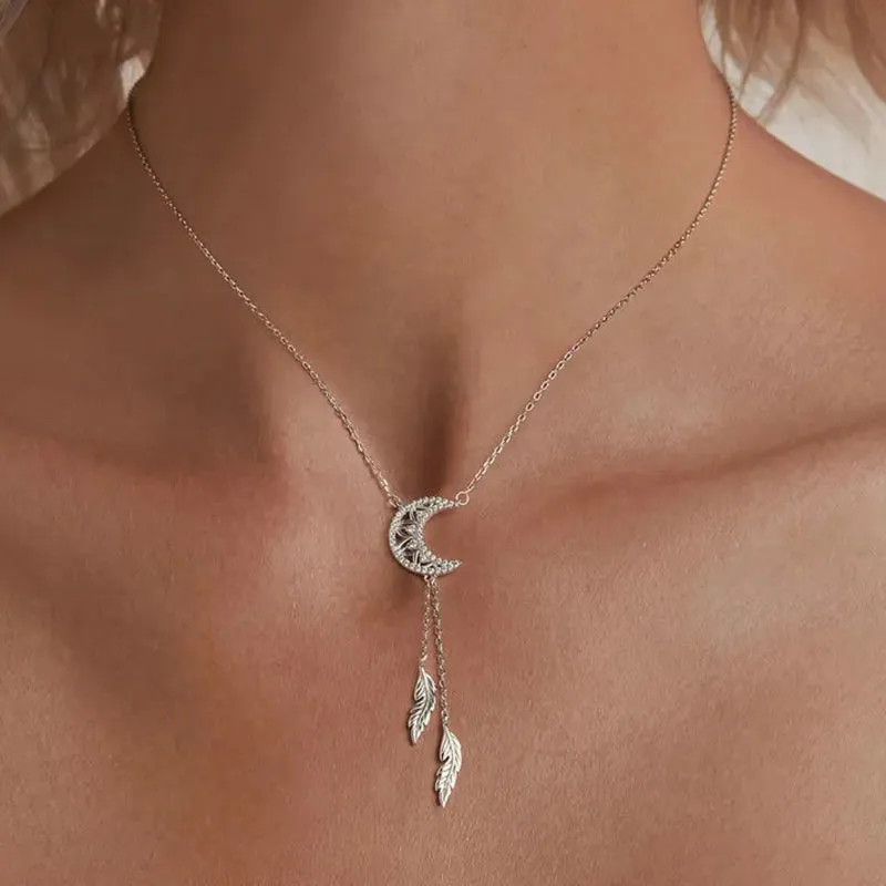 925 Sterling Silver Moon Dreamcatcher Pendant Necklace Feather Necklace for Women Fine Jewelry