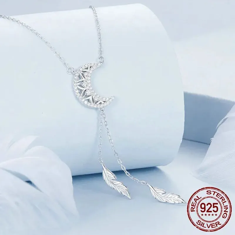 925 Sterling Silver Moon Dreamcatcher Pendant Necklace Feather Necklace for Women Fine Jewelry