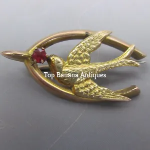 9K Gold And  Garnet Paste Swallow In Lucky Wishbone Sweetheart Brooch Antique Edwardian c1914