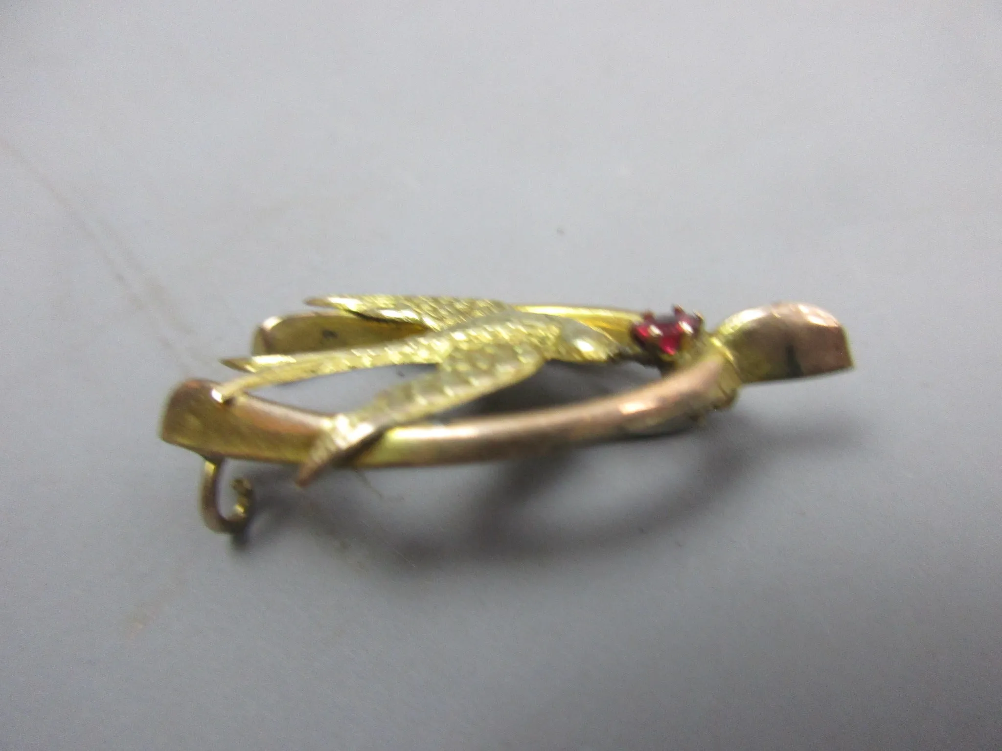 9K Gold And  Garnet Paste Swallow In Lucky Wishbone Sweetheart Brooch Antique Edwardian c1914