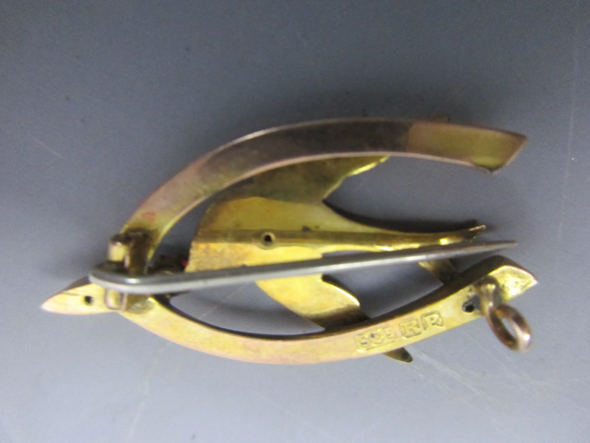 9K Gold And  Garnet Paste Swallow In Lucky Wishbone Sweetheart Brooch Antique Edwardian c1914