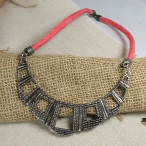 Affordable Tribal Bib Necklace with Pink Leather Cord