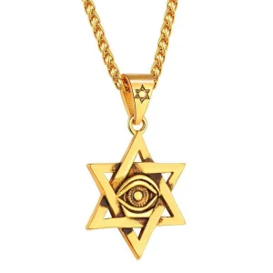 Antique Black Gold Plated Star of David Necklace Eye of Horus Pendant with Spiga Chain 22 Inch