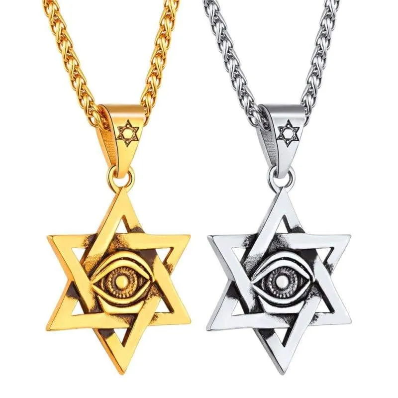 Antique Black Gold Plated Star of David Necklace Eye of Horus Pendant with Spiga Chain 22 Inch