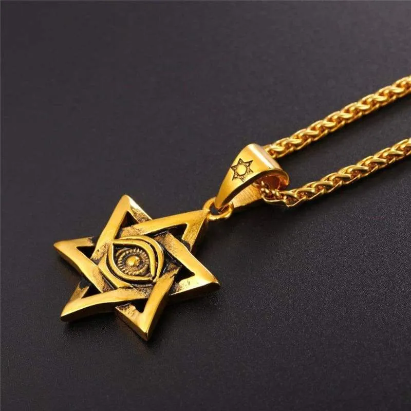 Antique Black Gold Plated Star of David Necklace Eye of Horus Pendant with Spiga Chain 22 Inch