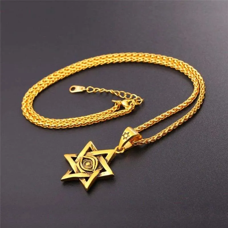 Antique Black Gold Plated Star of David Necklace Eye of Horus Pendant with Spiga Chain 22 Inch