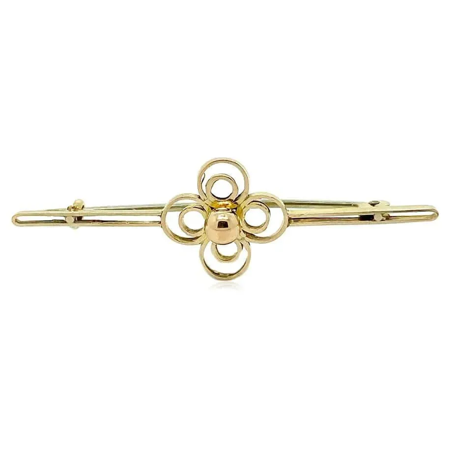 Antique Edwardian Flower 9ct Yellow Gold Bar Brooch