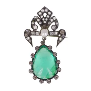 Antique French Silver Paste Green Poured Glass Brooch