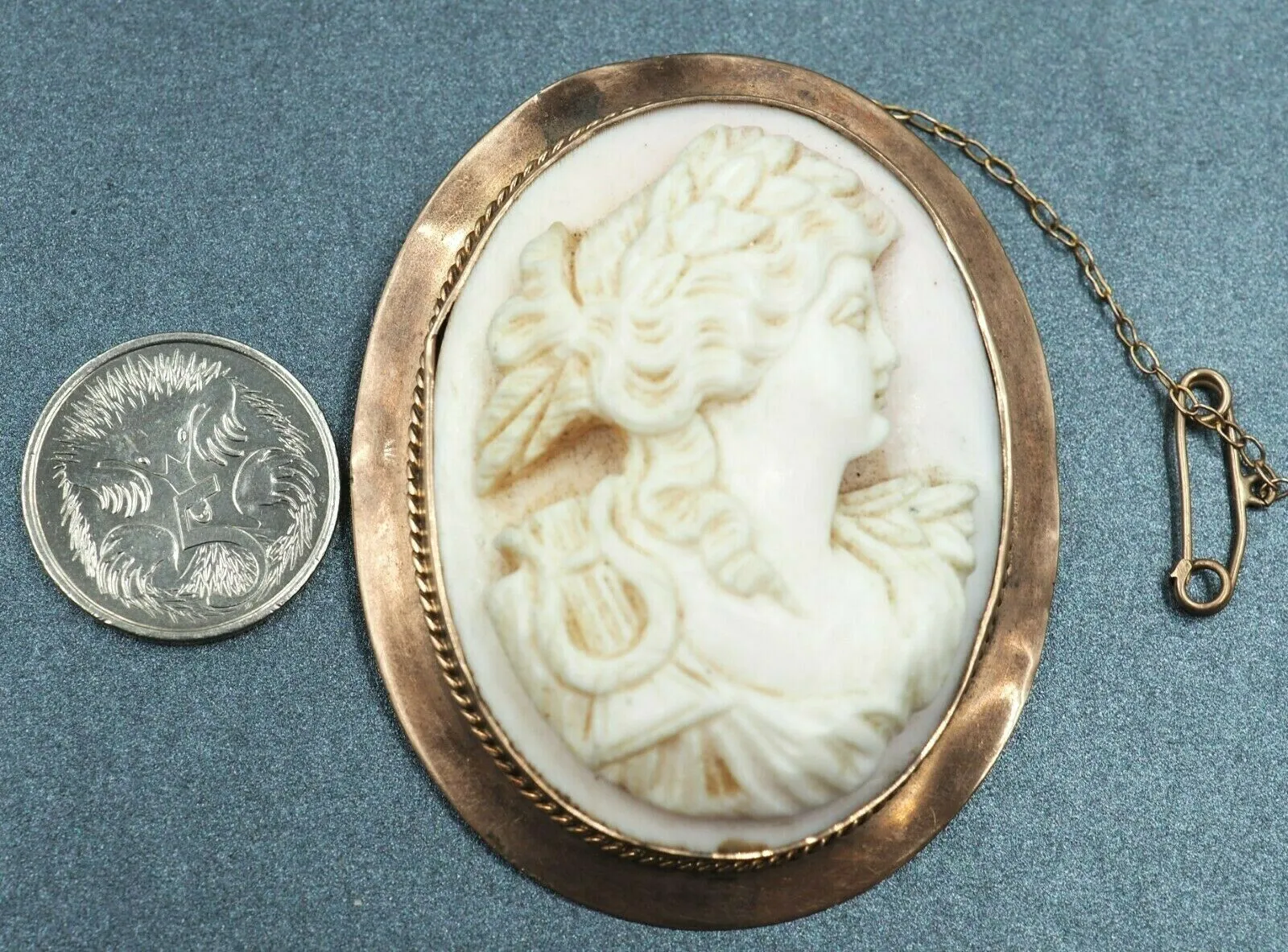 Antique Pink Conch Shell Cameo 9ct Rose Gold Brooch - c.1880