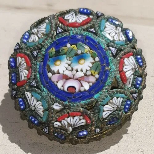 Antique Turquoise Lapis Coral Lazuli Micro Mosaic Round Brooch Pin Italian