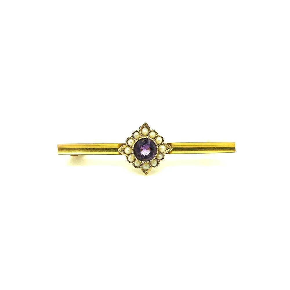 Antique Victorian Amethyst & Seed Pearl 9ct Gold Gemstone Brooch