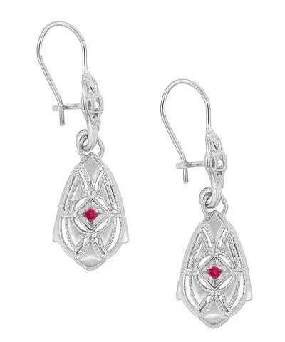 Art Deco Dangling Sterling Silver Ruby and Diamond Filigree Earrings