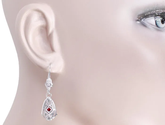 Art Deco Dangling Sterling Silver Ruby and Diamond Filigree Earrings