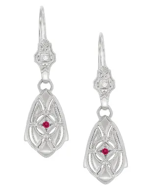 Art Deco Dangling Sterling Silver Ruby and Diamond Filigree Earrings