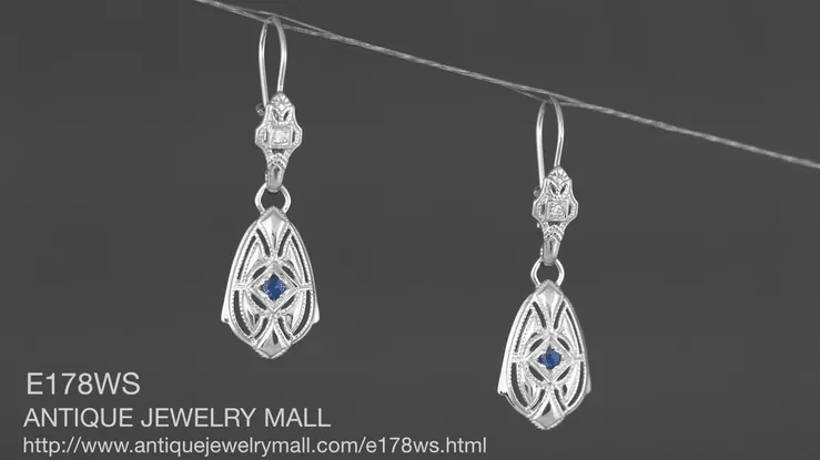 Art Deco Dangling Sterling Silver Sapphire and Diamond Filigree Earrings