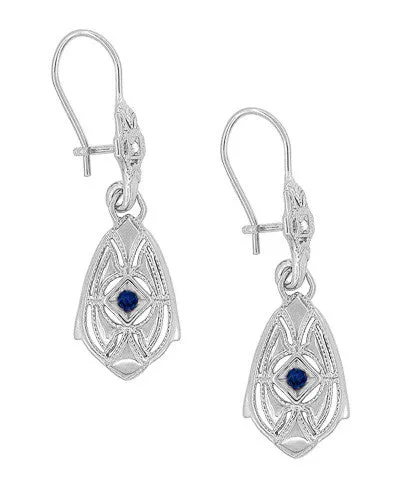 Art Deco Dangling Sterling Silver Sapphire and Diamond Filigree Earrings