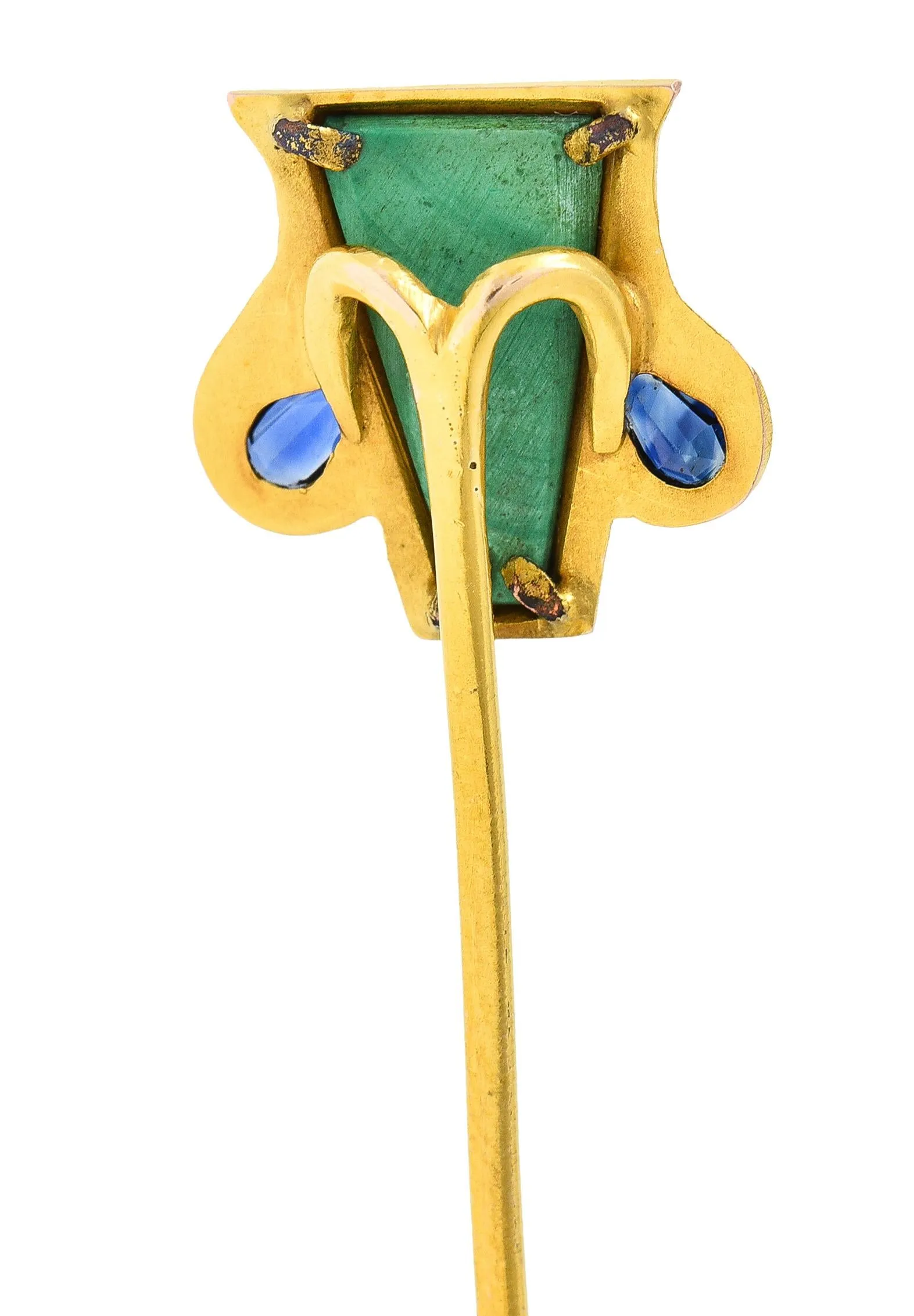 Art Nouveau Malachite Sapphire 14 Karat Yellow Gold Shield Antique Stickpin