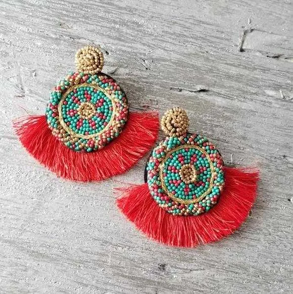 Beads & Tassel Earrings Red