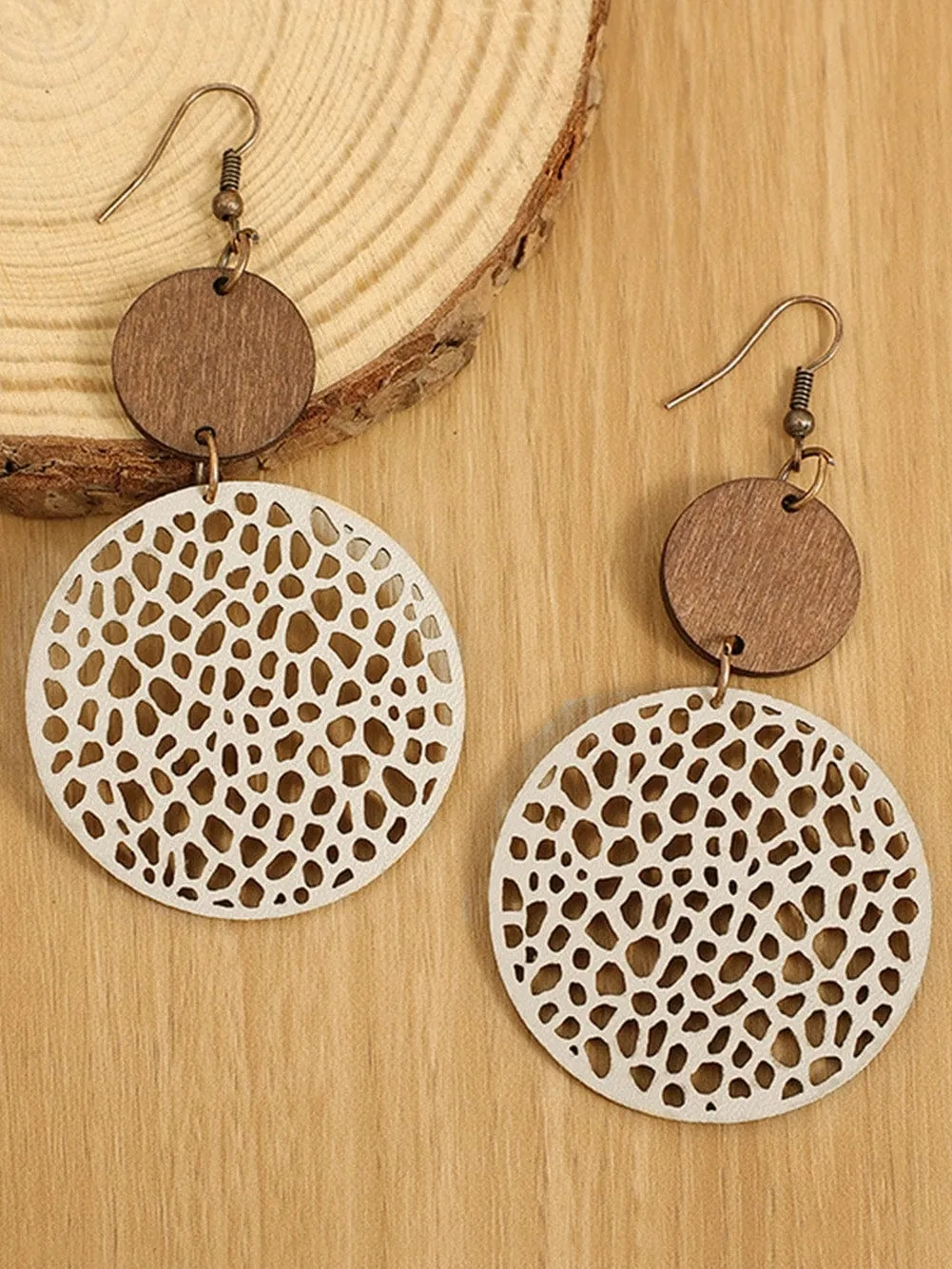 Beige Wooden Boho Round Drop Earrings