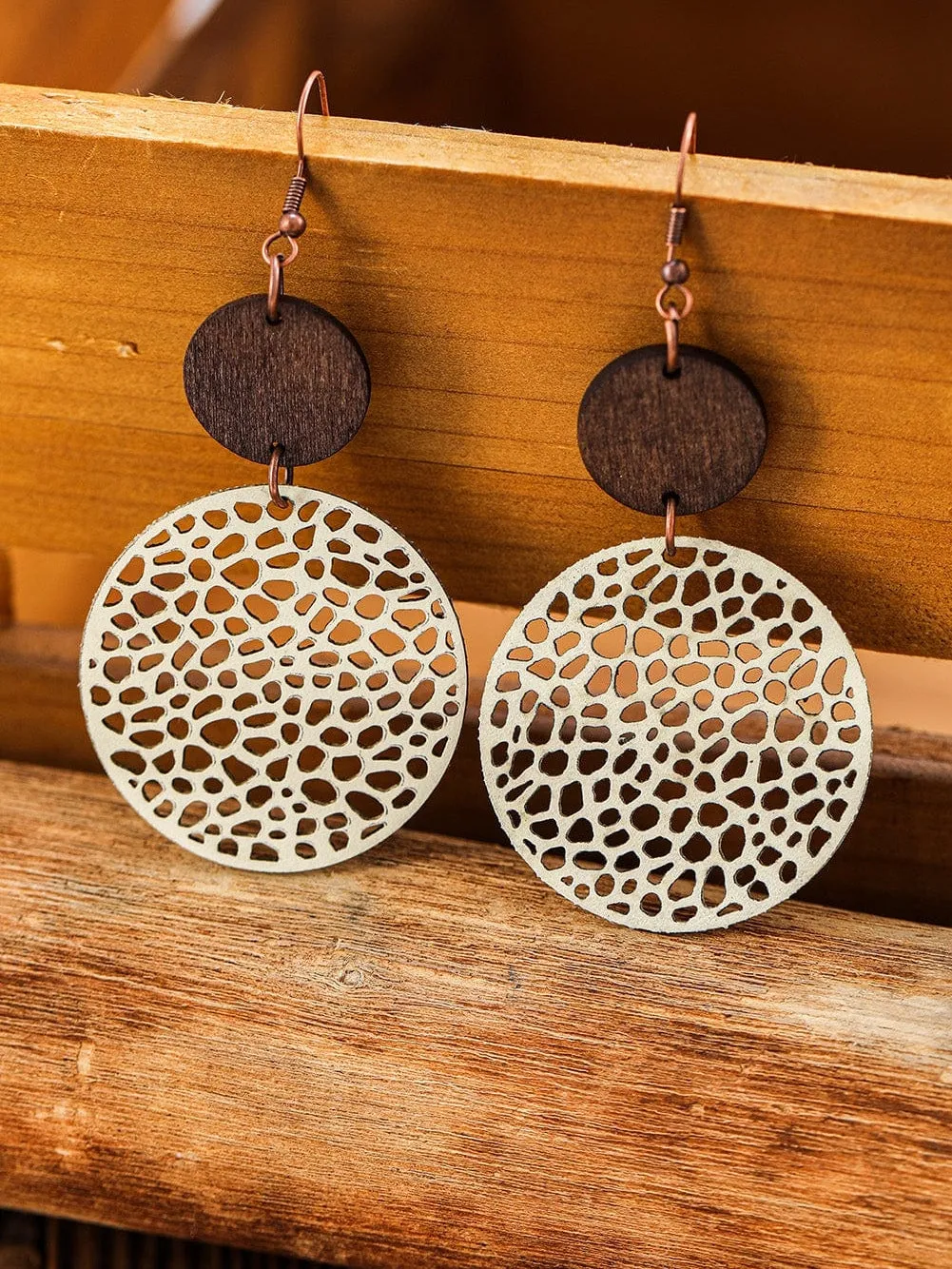 Beige Wooden Boho Round Drop Earrings