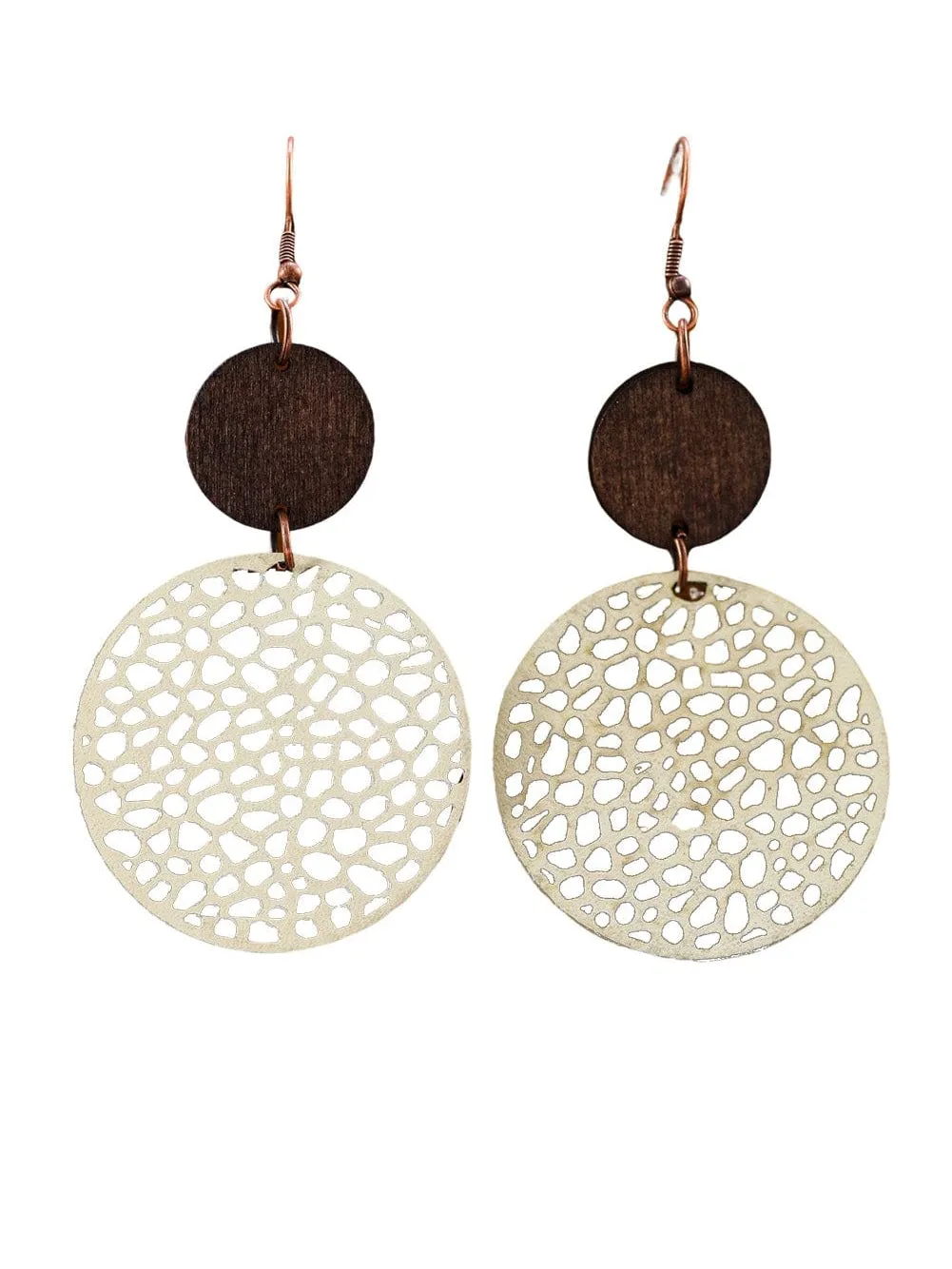 Beige Wooden Boho Round Drop Earrings