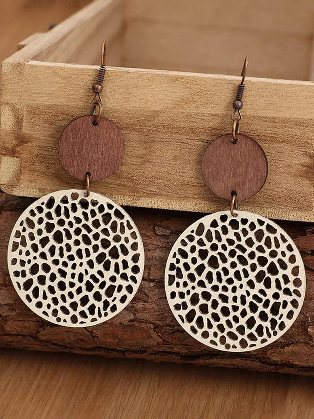 Beige Wooden Boho Round Drop Earrings