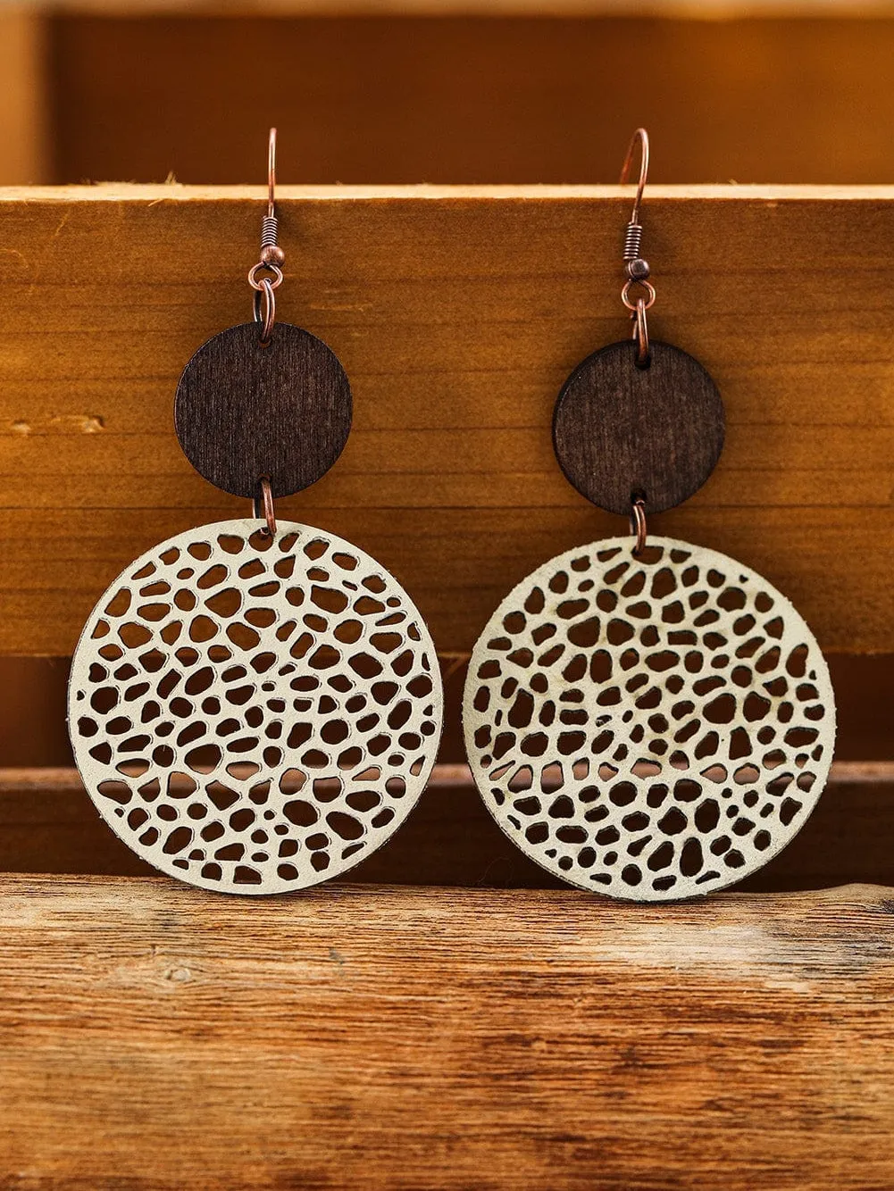 Beige Wooden Boho Round Drop Earrings