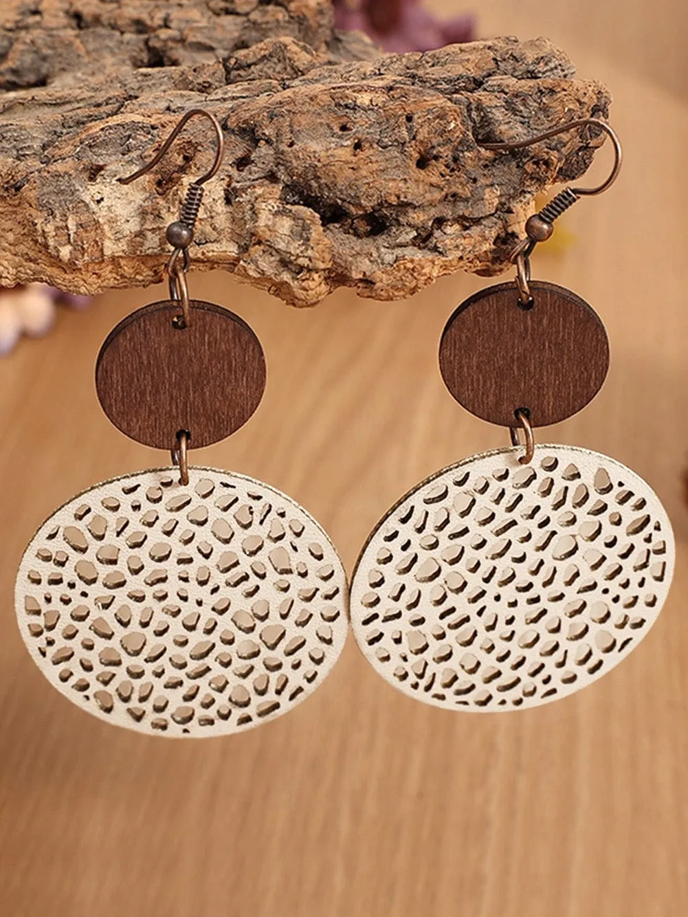 Beige Wooden Boho Round Drop Earrings