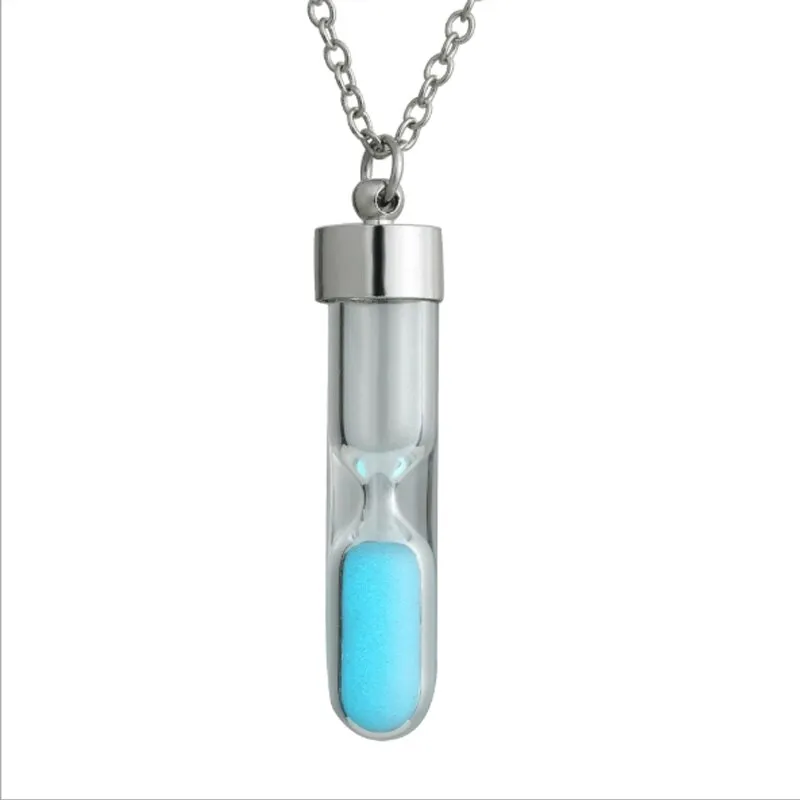 Blucome Hot New Fashion Hourglass Glowing Necklace Timer Transparent Glass Trinket Silver Men's Women's Teen Holiday Party Gifts