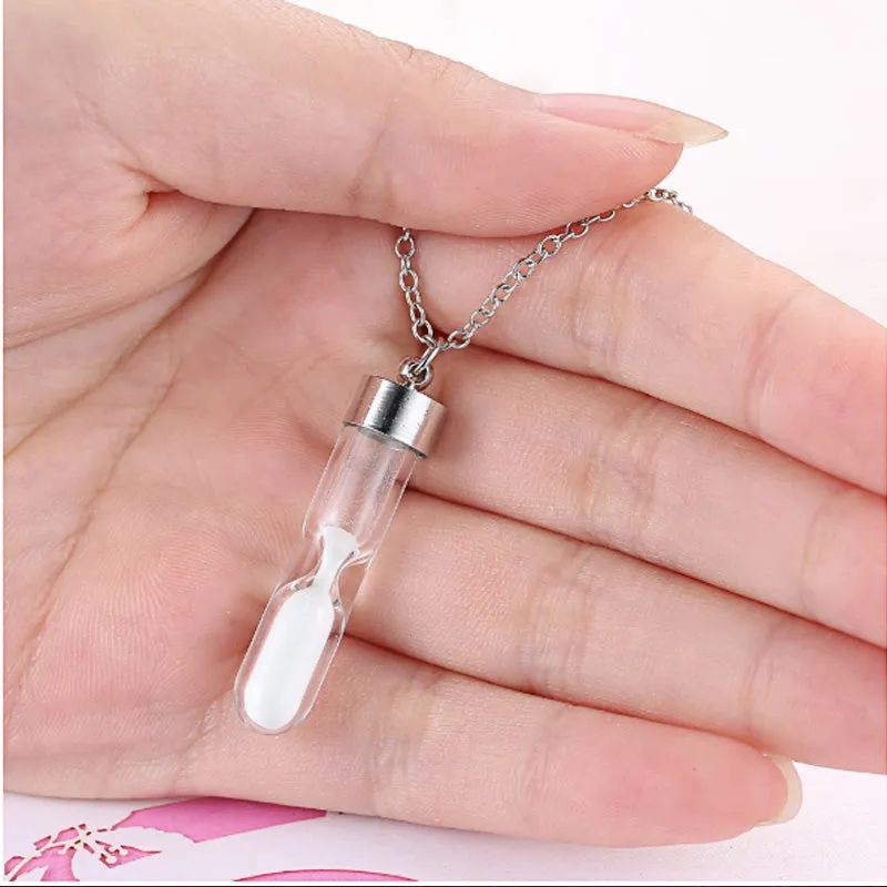 Blucome Hot New Fashion Hourglass Glowing Necklace Timer Transparent Glass Trinket Silver Men's Women's Teen Holiday Party Gifts