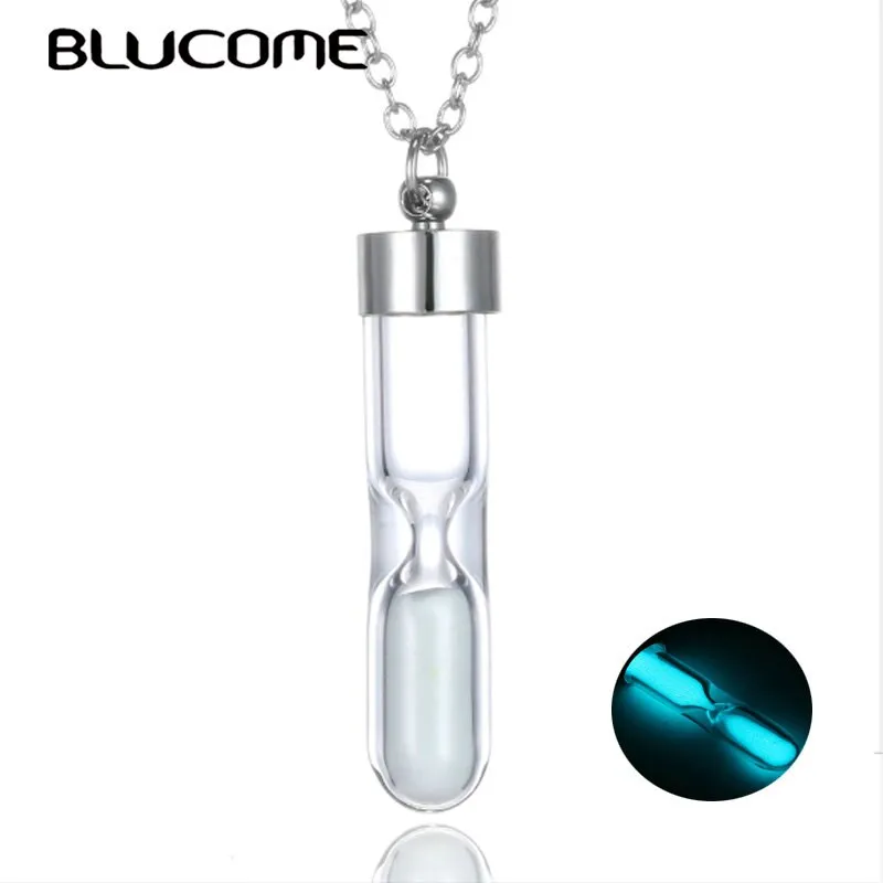 Blucome Hot New Fashion Hourglass Glowing Necklace Timer Transparent Glass Trinket Silver Men's Women's Teen Holiday Party Gifts