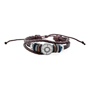 Boho Brown Leather Triple Wrap Bracelet with Wood Beads and Coin Charm for Men