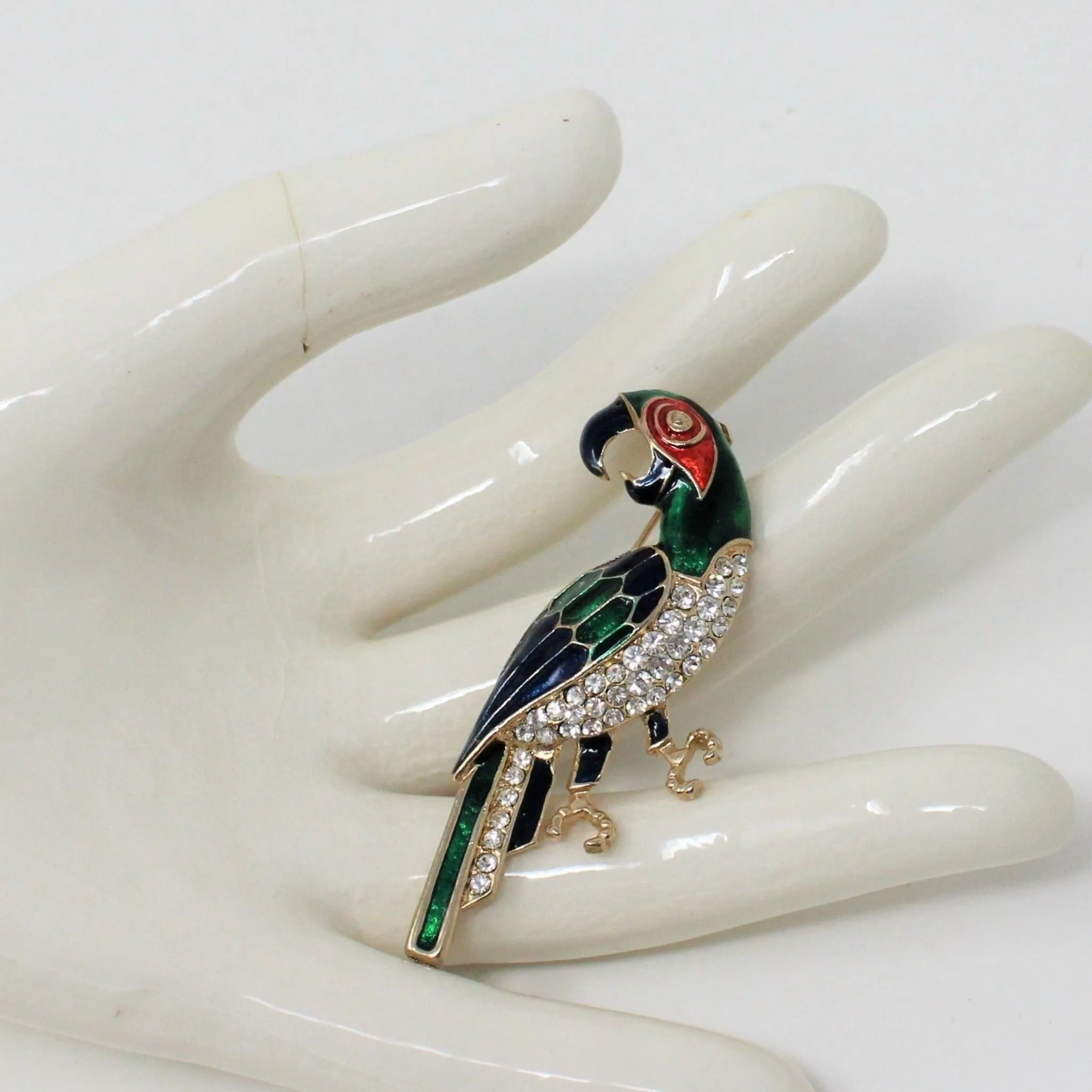 Brooch / Pin, Bird, Parrot, Macaw,  Blue & Green Enamel with Rhinestones, Vintage